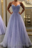 Lavender Prom Dress, A-line V Neck Spaghetti Straps Long/Floor-Length Tulle Prom Dress With Beading Sequins