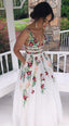 V-Neck Sexy Floral Embroidered Long Prom Dress