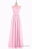 Pink Chiffon Halter Cutout Back A-Line Long Bridesmaid Dress