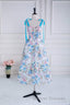 Blue and White Floral Bow Tie Straps A-line Tea-Length Prom Dress