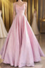 V-neck A-line Pink Spaghetti Straps Rushed Satin Long Prom Dress