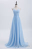 Blue Pleated Straps Chiffon Long Bridesmaid Dress