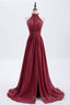 High Neck Burgundy Chiffon A-line Long Bridesmaid Dress