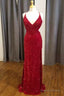 Red Sequin V-Neck Mermaid Long Formal Dress