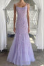 Lilac Spaghetti Straps Long Lace Tulle Evening Dress Mermaid Appliques Prom Dress