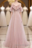 Pink V Neck Tulle Lace Long Prom Dress, Pink Bridesmaid Dress, 1