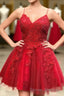 Strappy Lace Appliqued Red Short Homecoming Dress