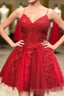 Strappy Lace Appliqued Red Short Homecoming Dress