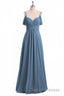 Dusty Blue Chiffon Cold Shoulder A-Line Long Bridesmaid Dress