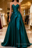 Simple Blue Satin Strapless Prom Dress