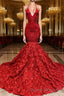 Burgundy Halter Mermaid V-neck Low back Flowers Prom Dress