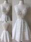 A-Line Deep V-Neck White Lace Short Homecoming Dress with Appliques Beading