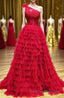 Red One Shoulder Corset Tiered Long Prom Dress with Ruffles