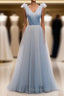 Simple Blue V Neck Tulle Long Prom Dress, Blue Formal Dress