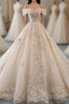 Champagne Off Shoulder Tulle Lace Long Wedding Dress, Wedding Gown
