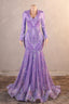 V-Neck Long Sleeve Zipper Sequins Mermaid Sweep Train Evening Dress