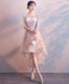 Pink Round Neck Lace Short Prom Dress Pink Homecoming Dress 1