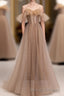 Champagne Tulle Sequin Long Prom Dress, Champagne Evening Dress