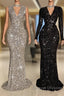 Glitter Long V-neck Sequined Floor Length Mermaid Prom Dress with Sleeves