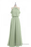 Sage Green Chiffon Halter Blouson-Style Long Bridesmaid Dress