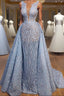 Elegant Blue Lace Sleeveless Deep V Neck Prom Dress Party Dress