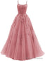 Womens Lace Appliques Prom Dresses Long Spaghetti Strap Ball Gowns Tulle Formal Dress for Party