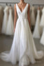 Simple White V Neck Tulle Long Prom Dress, White Evening Dress