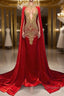Mermaid Prom Dress with Red Scoop Neckline and Beadings Cape