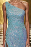 One-Shoulder Sequins Long Prom Dress with Floral Appliques