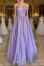 Spaghetti Straps Sparkly Lilac A Line Prom Dress Sequin Evening Dress