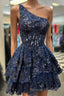 Dark Navy A-line One Shoulder Multi-Layers Homecoming Dress