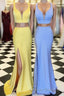 Two Piece Yellow-Blue Mermaid Long Prom Dress with Side Slit