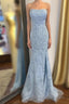 Strapless Light Blue Lace Long Prom Dress with Slit