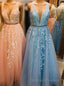 Elegant V Neck Appliques A-Line Long Tulle Prom Dress