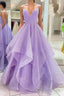 Purple V Neck Sleeveless A Line Tulle Sequin Prom Dress