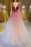 A-Line Burgundy V Neck Tulle Sequin Long Prom Dress Burgundy Evening Dress