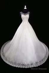 2025 A Line Wedding Dresses, Scoop Tulle With Applique And Beads Lace Up