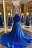 Royal Blue Halter Sleeveless Mermaid Prom Dress With Beadings Velvet