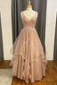 Champagne Lace Beaded V-Neck Straps A-Line Tiered Prom Dress