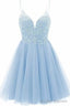 A-line Straps Appliques Tulle Short Homecoming Dresses