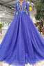 Blue Long Sleeves V Neck Tulle Prom Dress with Beading