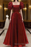 Burgundy A Line Long Prom Dress with Short Sleeves, New Party Gown