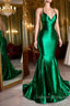 Satin Trumpet V-Neck Spaghetti Straps Prom Evening Dress For Black Girls