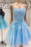 Blue A-line Spaghetti Straps Lace Short Prom Dress, Homecoming Dress