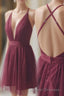 Deep V-neck Spaghetti Straps Sleeveless Tulle Short Prom Dress, Homecoming Dress