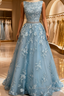 Dusty Blue A-line Backless Prom Dress Long Dusty Blue Lace Formal Dress