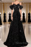 A-Line Off Shoulder Velvet Sequin Long Black Prom Dress, Black Long Evening Dress