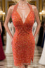 Halter Orange Sequins Bodycon Homecoming Dress with Tassel