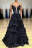 Gorgeous Black Straps Ruffled Long Prom Dress with Appliques