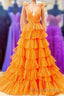 Bow Straps Orange V-Neck Ruffled Tulle Long Prom Dress with Slit